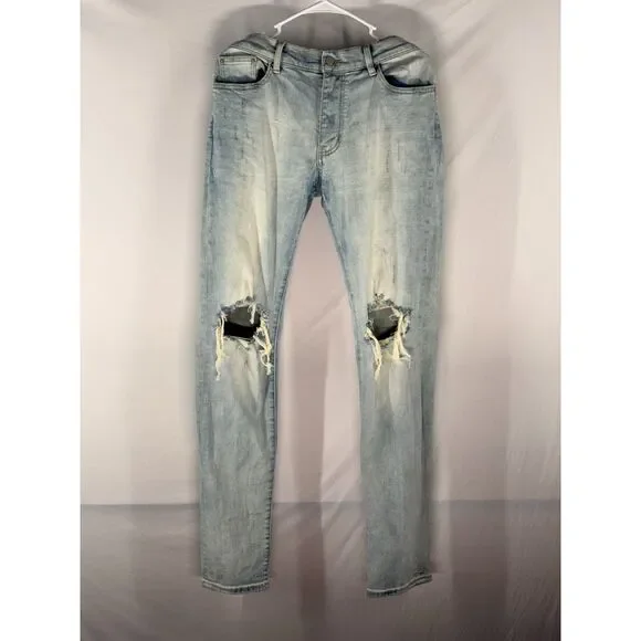 MNML Light Wash Distressed Skinny Jeans Ripped Knee Denim Size 34 Used - Picture 2 of 5